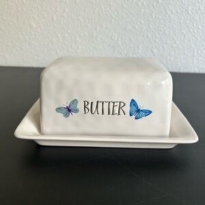 HARVEST GREEN STUDIO Ceramic Butter Tray With Lid BLUE BUTTERFLIES